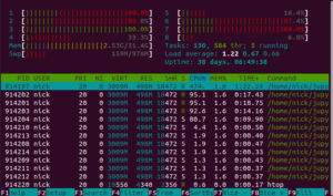htop screenshot showing multiple cores in
use